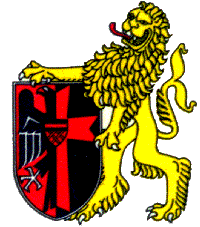 ein gelber Löwe mit einem rot-schwarzen Schild