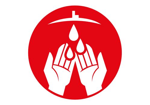 ein roter Kreis mit Händen und Wassertropfen