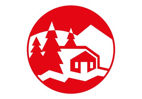 ein roter Kreis mit einem Haus und Bäumen