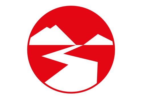 ein roter Kreis mit weißen Bergen im Hintergrund