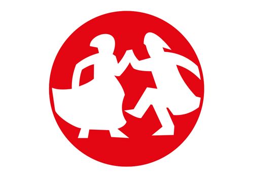 ein roter Kreis mit weißen Silhouetten von tanzenden Menschen