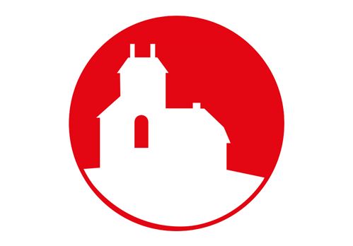 ein weißes Gebäude in einem roten Kreis