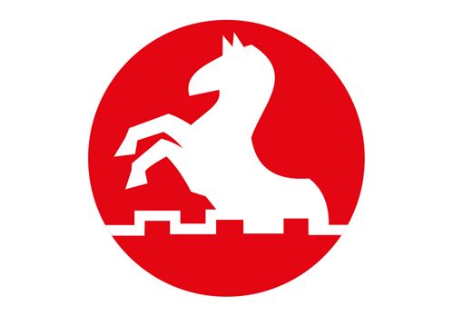 ein weißes Pferd in einem roten Kreis